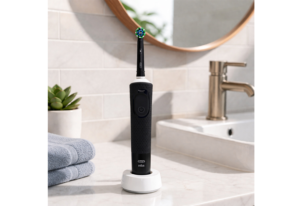 Απεικονίζεται η οδοντόβουρτσα πάνω στη βάση της, πάνω σε πάγκο μπάνιου.